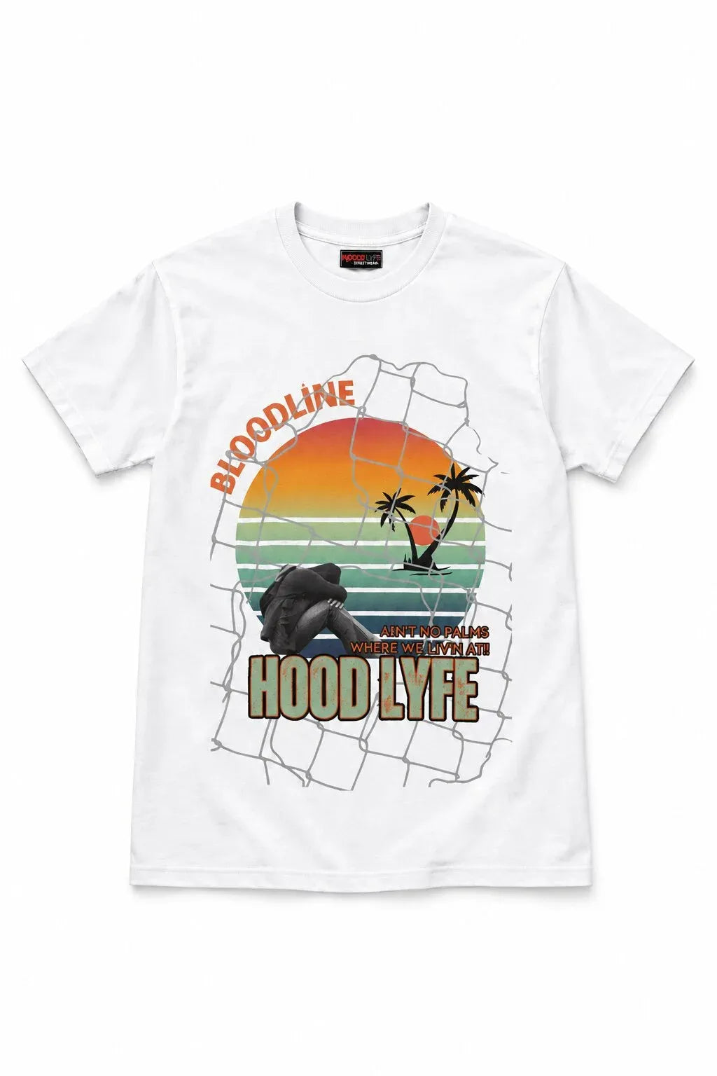 A white short-sleeve crewneck t-shirt featuring a large graphic print on the front. The graphic shows a cracked wall design with a retro sunset in orange, yellow, and green, a surfer, and the text 'BLOODLINE HOOD LYFE'.